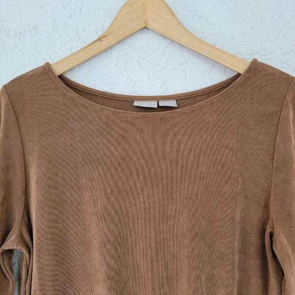 Chicos Travelers Classic Front Tuck Top Brown Women Size 1 M Draped Stretch - Picture 2 of 11